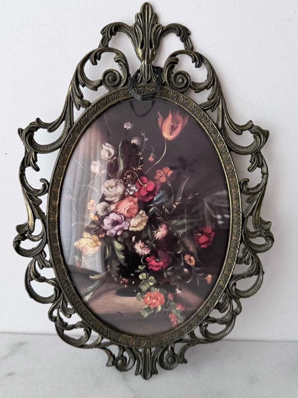 Ornate gold Vintage Oval Floral Wall Art - Brass Frame Italian - Picture 2 of 7